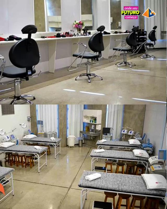 Salas da UNIFAFIBE: estética com cadeiras de cabeleireiro e fisioterapia com macas. Imagem UNIFAFIBE-9, futuro profissional.